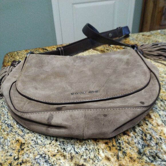 Michael Kors Elyse Suede Leather Saddle Brown Dune Crossbody Bag Purse Handbag - Picture 5 of 9